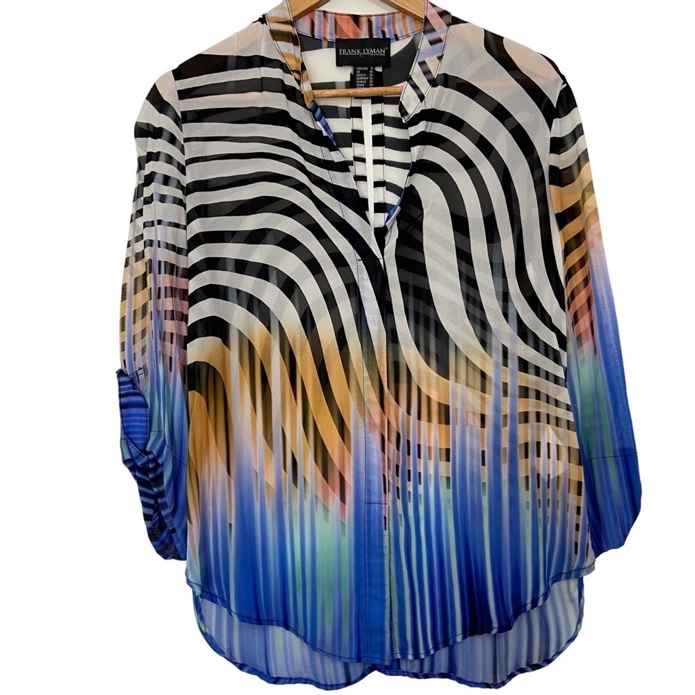 FRANK Lyman sheer shirt zebra tiger multicolor blue pattern convertible sleeve 8